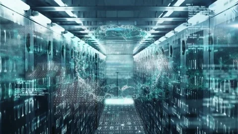 Animation of digital brain, computer language and binary codes over server room Stock Footage 246909403