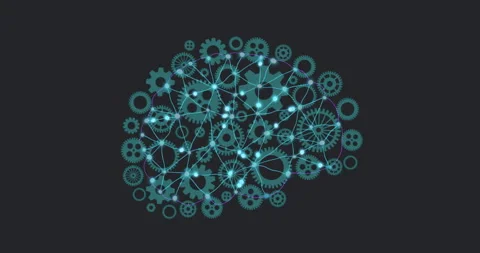 Animation of digital brain of connections over cogs moving Stock Footage 267354322