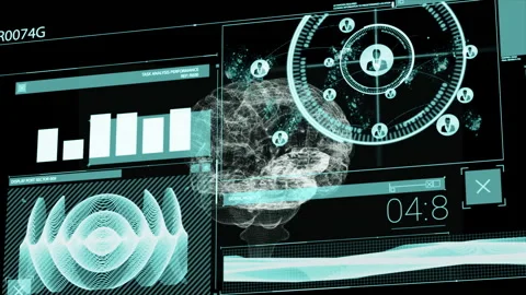 Animation of digital brain with data analytics, graphs, and network connections Stock Footage 303528180