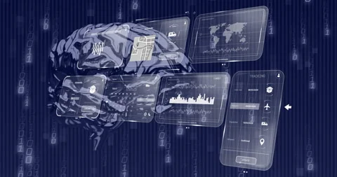 Animation of digital brain with data analytics and global interfaces on blue Stock Footage 303554289
