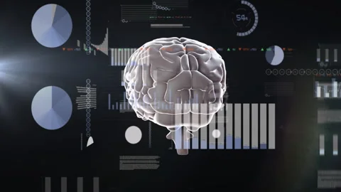 Animation of digital brain with data analytics and graphs in futuristic Stock Footage 304761356