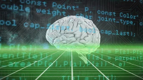 Animation of digital brain with data processing over computer circuit board on Stock Footage 310681470