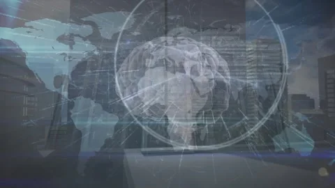 Animation of digital brain with data processing and world map over cityscape Stock Footage 330657999