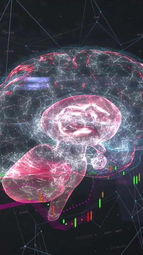 Animation of digital brain with financial graphs and network connections behind Stock Footage 319617711