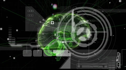 Animation of digital brain interface with green holographic elements in school Stock Footage 303869686