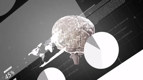 In animation, digital brain model with data and world map in futuristic Stock Footage 304644718