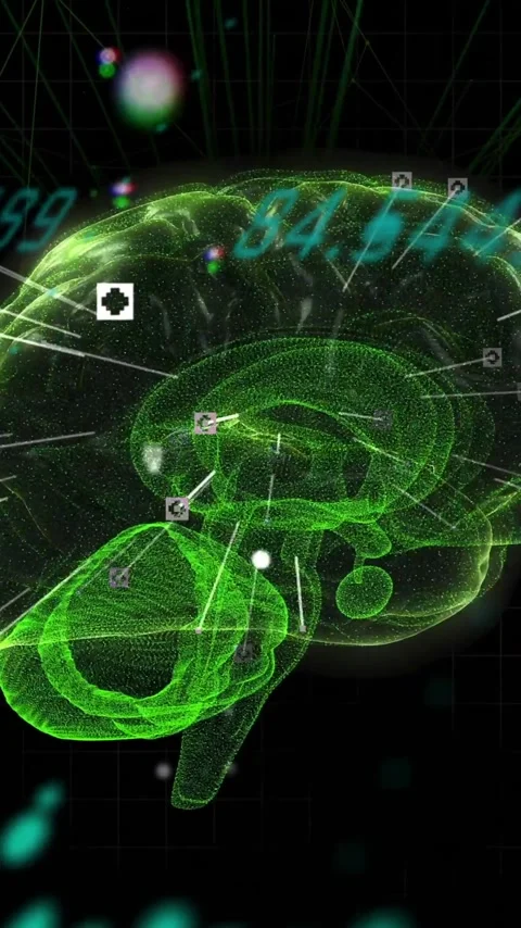 Animation of digital brain model with data points on dark background Stock Footage 319617701