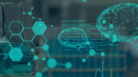 Animation of digital brain, molecules and data processing over empty lab Stock Footage 329288472