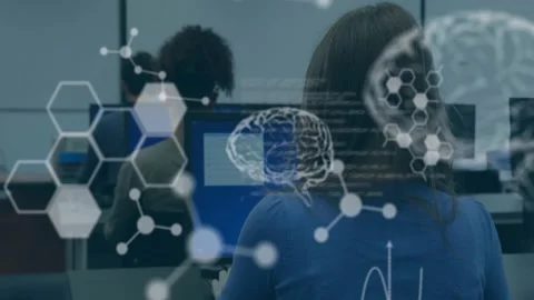 Animation of digital brain, molecules and data processing over diverse students Stock Footage 330116059