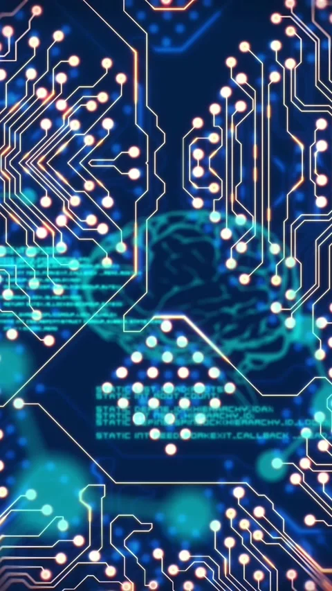 Animation of digital brain over computer circuit board on black background Stock Footage 342608471