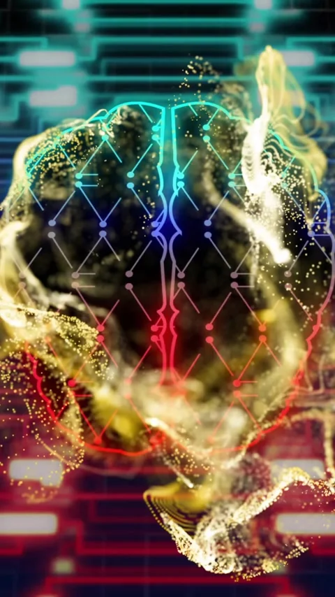Animation of digital brain over neon shapes moving Stock Footage 323780698