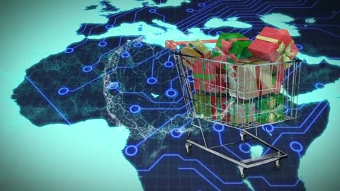 Animation of digital brain over world map and shopping cart with presents Stock Footage 197146749
