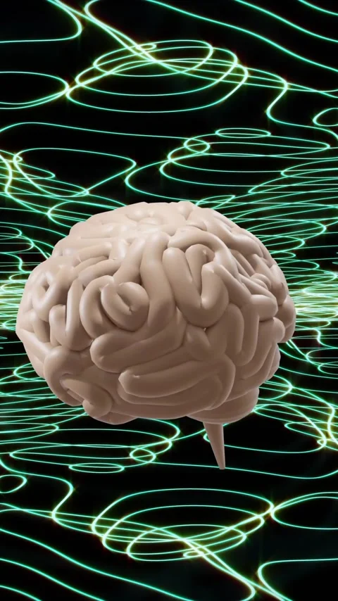 Animation of digital brain spinning over green shapes Stock Footage 343714356