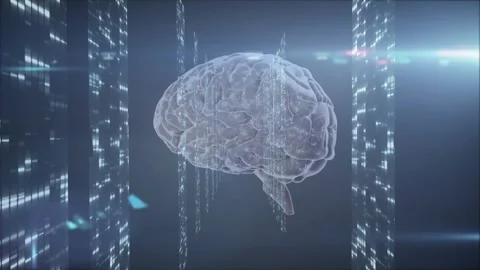 Animation of digital brain surrounded by glowing lights and futuristic data Stock Footage 330344764