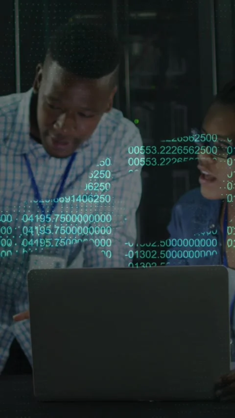Animation of digital chain over african american couple using laptop in server Stock Footage 341918444