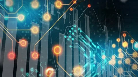 Animation of digital circuit with glowing nodes over financial data and bar Stock Footage 327278297