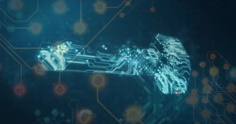 In animation, digital circuit pattern forming key shape for cybersecurity in Stock Footage 303505614