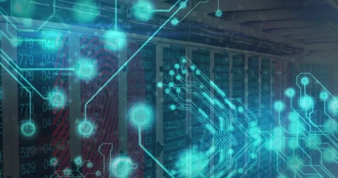 Animation of digital circuit pattern overlaying servers in data center Stock Footage 303419449