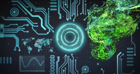 Animation of digital circuit patterns and green particles over world map and Stock Footage 303420422