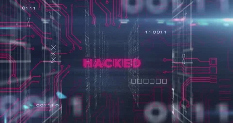 Animation of digital circuit patterns with HACKED text over binary code Stock Footage 304648784