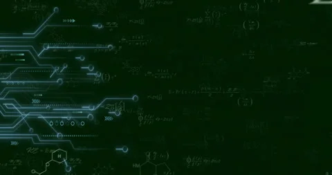 Animation of digital circuit patterns with mathematical equations on dark green Stock-Footage 303841009