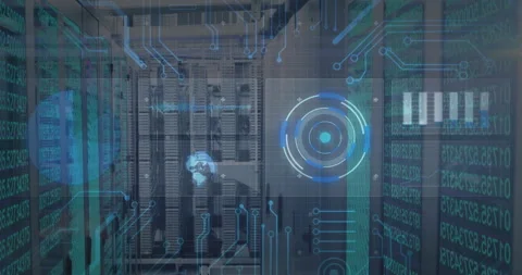 Animation of digital circuit patterns overlaying data servers in technology 库存影片 303430900