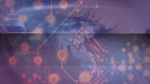 Animation of digital circuit patterns overlaying human eye, symbolizing 스톡 동영상 303555267