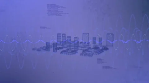 Animation of digital cityscape with data waves and coding elements in blue tones Stock Footage 305460050
