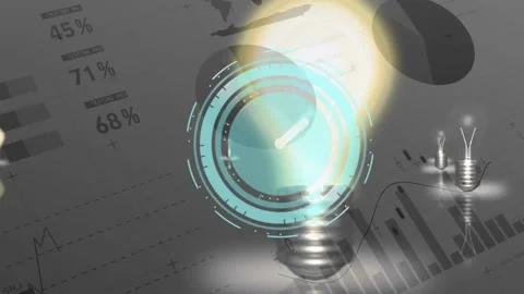 Animation of digital clock and illuminated light bulbs over moving infographic Stock Footage 328243751