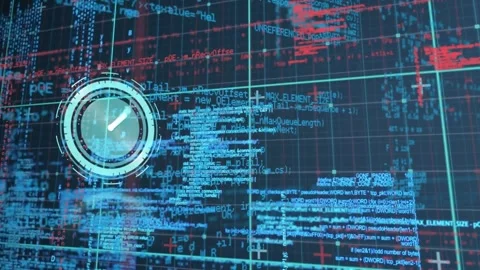 Animation of digital clock and programming language and grid pattern over black Video stock 328462108
