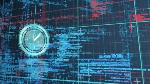 Animation of digital clock and programming language and grid pattern over black 動画素材 330735456