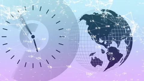 Animation of digital clock and rotating globe with connected dots and changing Stock Footage 328836599