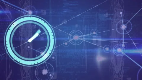 Animation of digital clock, connected dots and globes over computer language on Video stock 325702555