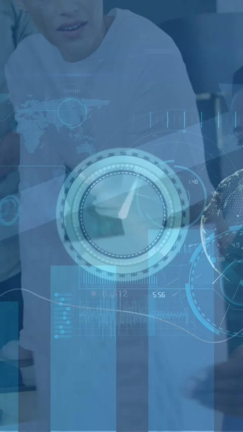 Animation of digital clock, globe, graph and circles over multiracial coworkers Stock Footage 344243645