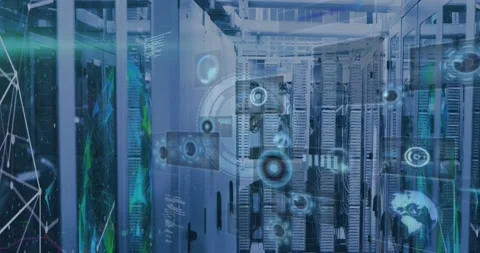 Animation of digital clock, globes, radar and computer language over server Stock Footage 239435957