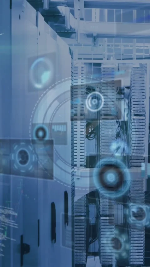 Animation of digital clock, globes, radar and computer language over server Stock Footage 319222621