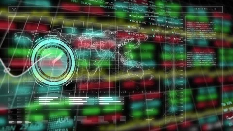 Animation of digital clock, glowing map, graph and programming language over Stock Footage 327002886