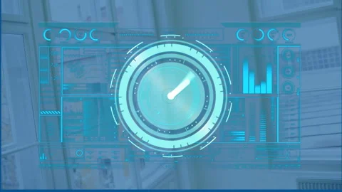 Animation of digital clock, graph, loading bars, circles against window and Video stock 310978345