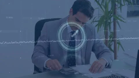 Animation of digital clock, graph, number over stressed caucasian businessman Stock Footage 329863690