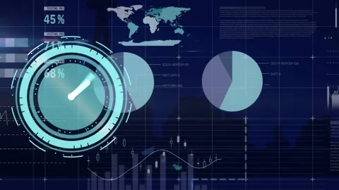 Animation of digital clock with infographic interface over digital city with Stock Footage 328711729