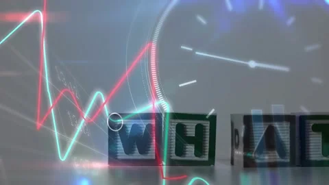 Animation of digital clock, lens flare and infographic interface over what text Stock Footage 327784367