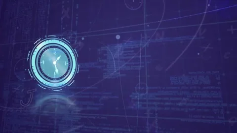 Animation of digital clock, letters, grid pattern against computer language on Stock Footage 240642010
