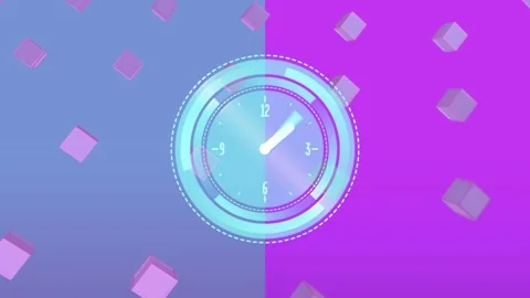Animation of digital clock in loading circles over 3d cubes against abstract Stock Footage 329110293