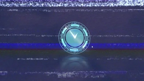Animation of digital clock with moving hour hands and glitch technique over Stock Footage 327276894