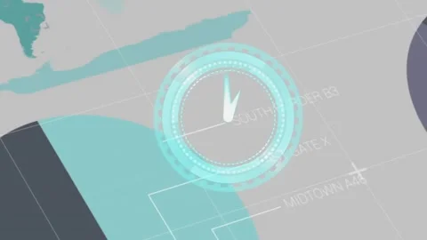 Animation of digital clock moving in periodic motion over infographic interface Video stock 327274434