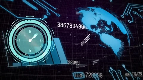 Animation of digital clock, number, graph, globe and circuit pattern against Stock Footage 327845976