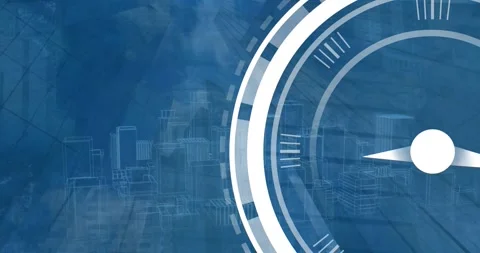 Animation of digital clock over 3d model of buildings and low angle view of Stock Footage 328354637