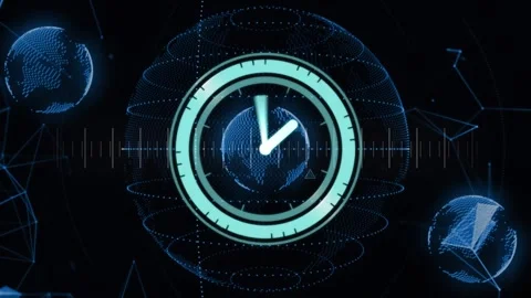 Animation of digital clock over connected dots and globes against black Stock Footage 330344635