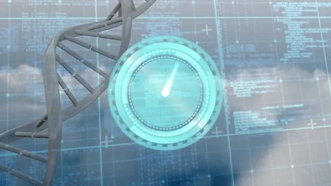 Animation of digital clock over dna helix and computer language against cloudy Stock Footage 236593626