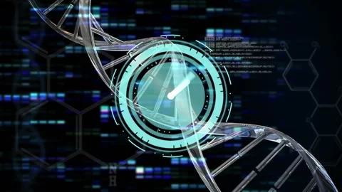 Animation of digital clock over dna helix against hexagons and bars on black Stock Footage 330732539